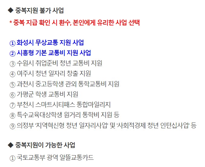 경기도 청소년 교통비지원사업 중복불가사업리스트