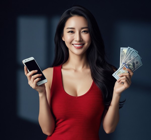 섹시한 여성이 휴대폰과 현금을 들고 긴급대출상품에 대한 정보를 알려주는 장면