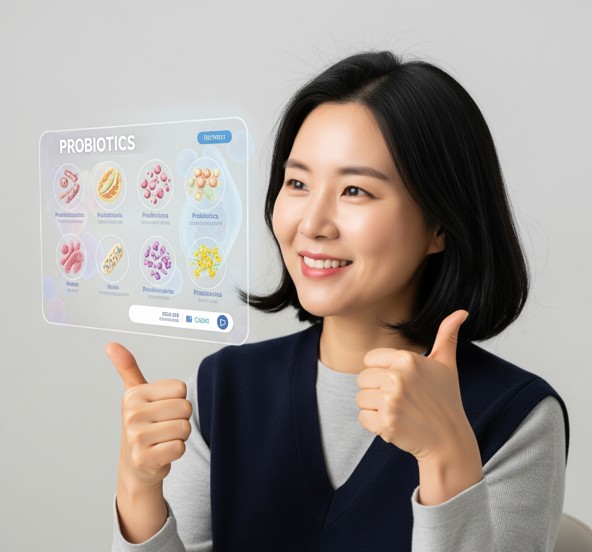 프로바이오틱스와 프리바이오틱스 차이점을 설명하는 여성