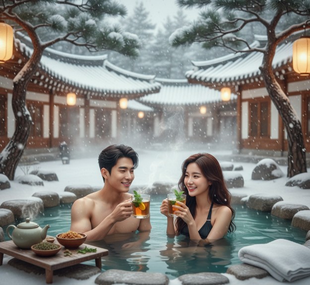 눈내린 야외 온천에서 차를 마시는 남녀,무료AI이미지