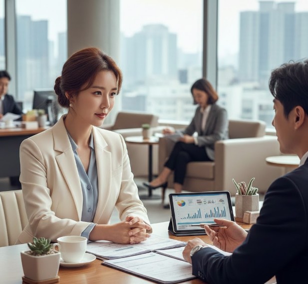 은행에서 대출 상담을 받고 있는 여성