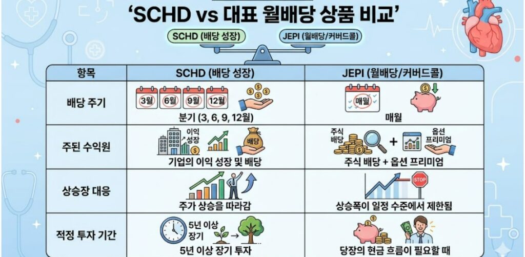 SCHD vs 대표 월배당 상품 비교